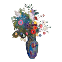 a painting of flowers in a blue vase